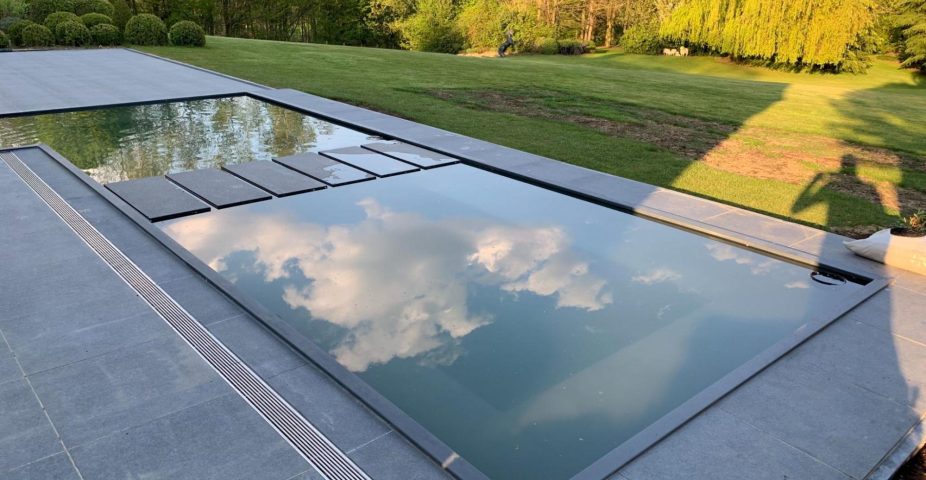 Moderne strakke vijver in een grote tuin geplaatst op de beste plek voor een vijver